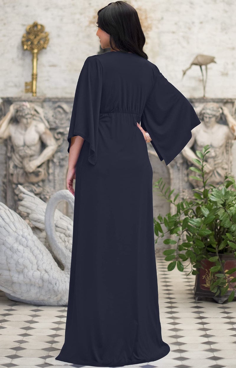 KOH KOH Womens Long V-Neck Half Batwing Dolman Sleeve Evening Cocktail Flowy Empire Waist Bridesmaid Formal Kaftan Wedding Guest Gown Gowns Maxi Dress Dresses, Dark Navy Blue M 8-10 - Image 5